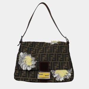 Floral Embroidered Fendi Mamma Baguette Brown Monogram